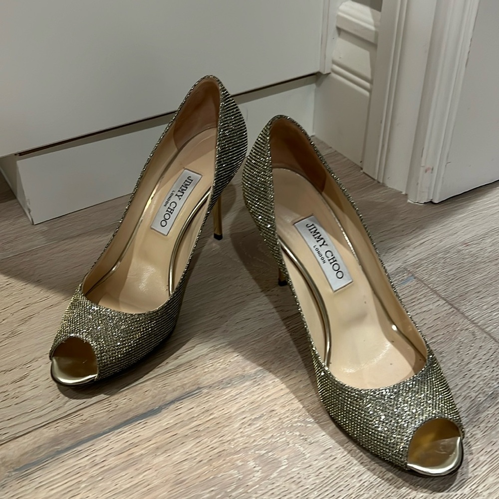 Jimmy Choi gold sparkle heels